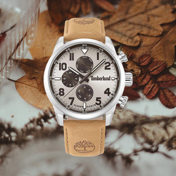 Αντρικό ρολόι Timberland Henniker II TDWGF0009503 με ταμπά δερμάτινο λουράκι και μπεζ καντράν διαμέτρου 46mm.